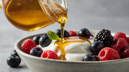 Honey Drizzling Over Greek Yogurt with Fresh Berries