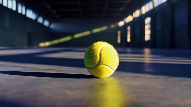Tennis ball rolling on court as sunlight streams through windows in spacious gym