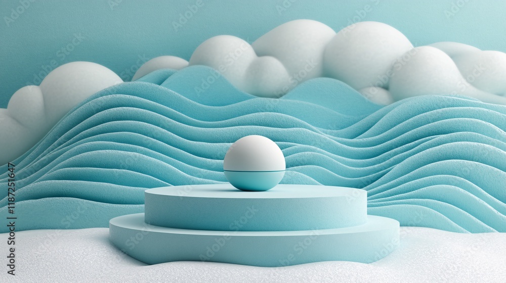 Poster abstract design showcasing textured waves and a central sphere in tranquil colors