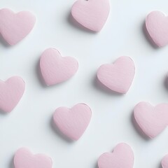 Fototapeta premium Pastel pink hearts scattered on white background, flat lay, Valentine's Day, romantic design