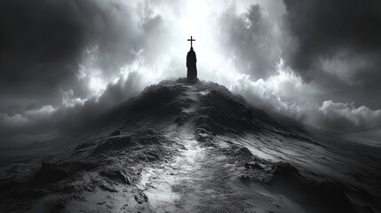 Lonely cross on mountain peak under stormy sky. Easter, Pascha, Paskha, Ostern, Pascua, Paques - Orthodox and Catholic Holiday celebration