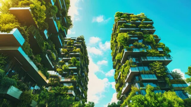 Exploring modern architecture with vertical gardens in a vibrant urban setting