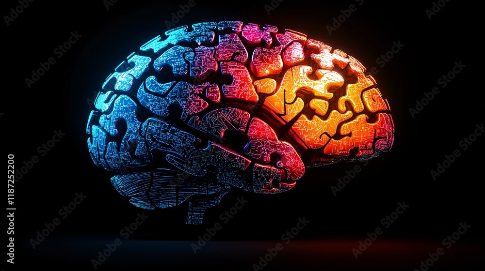 Poster neon brain illustration demonstrating intricate neural connections and patterns