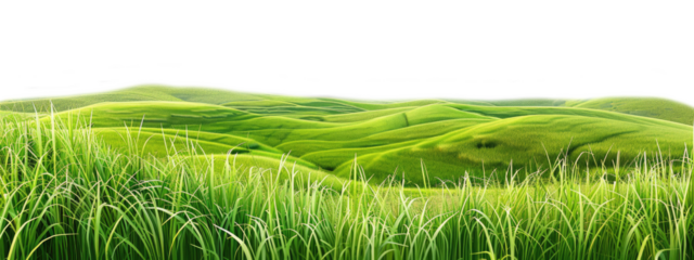 Rolling green hills covered with thick grass stretch into the distance under clear blue skies, creating a peaceful rural atmosphere during daytime