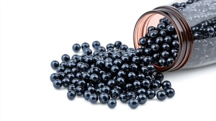 Blueberry-shaped black beads cascade from a red bottle, creating a vibrant contrast against the white background.