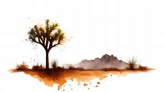 Watercolor painting of a desert landscape featuring a Joshua tree, other desert plants, and mountains in the background. Warm earthy tones create a serene atmosphere.