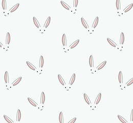 Easter bunnies, ears, nose, eyes, spring, cute, baby, children, white, background, seamless pattern, celebration, flat style, vector illustration. 