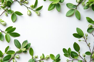 Fresh green branches with delicate buds create a natural border, adding tranquility and a touch of nature to an empty white canvas, inviting creativity