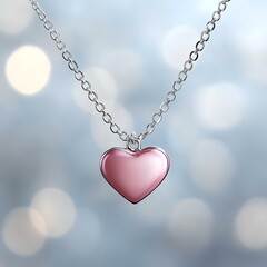 Pink heart pendant necklace on silver chain, bokeh background, jewelry advertising