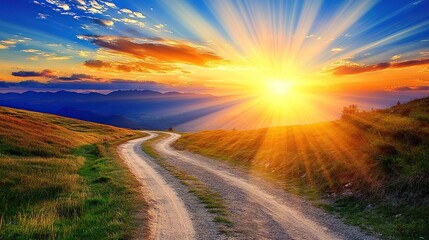 Naklejka premium Scenic sunset over mountain road.