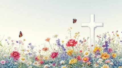 Vibrant wildflower field with butterflies and cross under clear sky. Easter, Pascha, Paskha, Ostern, Pascua, Paques - Orthodox and Catholic Holiday celebration