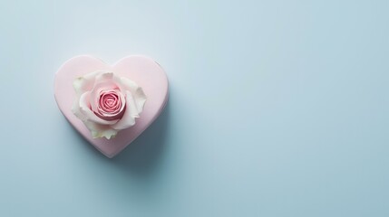 Pink rose in heart-shaped box on pastel background, Valentine's Day gift, copy space