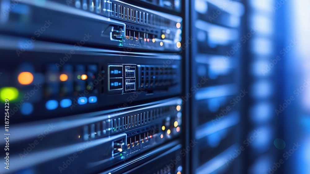 Poster modern data center with sleek network servers in high-tech environment