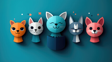 Obraz premium Colorful cartoon cat faces on blue background with whiskers and smiling expressions