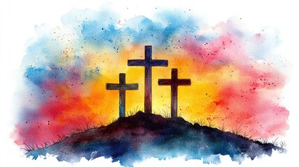 Three crosses on hill against vibrant sunset in watercolor artwork. Easter, Pascha, Paskha, Ostern, Pascua, Paques - Orthodox and Catholic Holiday celebration