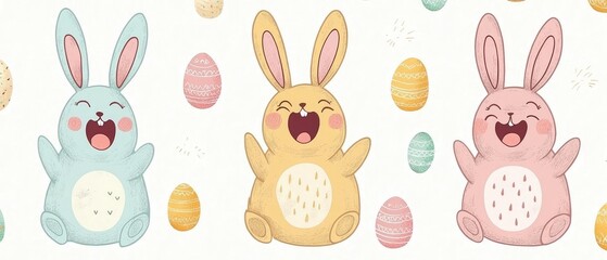 Playful Easter Bunny Illustration with Colorful Eggs and Cheerful Expressions
