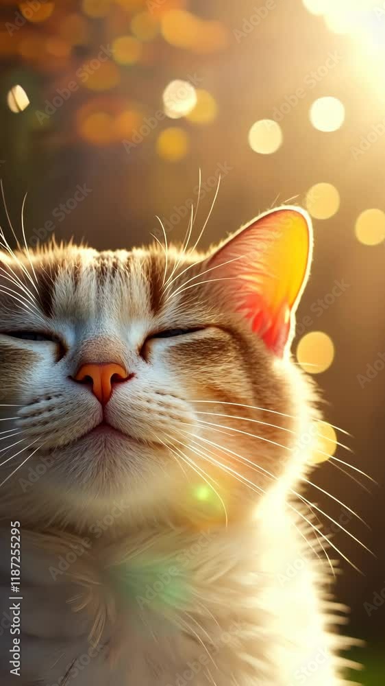 Aufkleber cat enjoys warm sunlight with eyes closed in a serene setting filled with soft bokeh