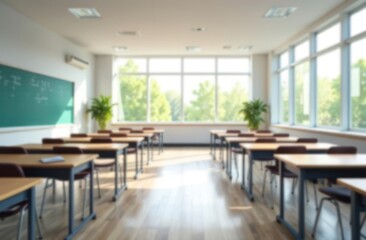 Beautiful blurred background of bright classroom and office with panoramic windows and beautiful lighting. Blurred empty school background.