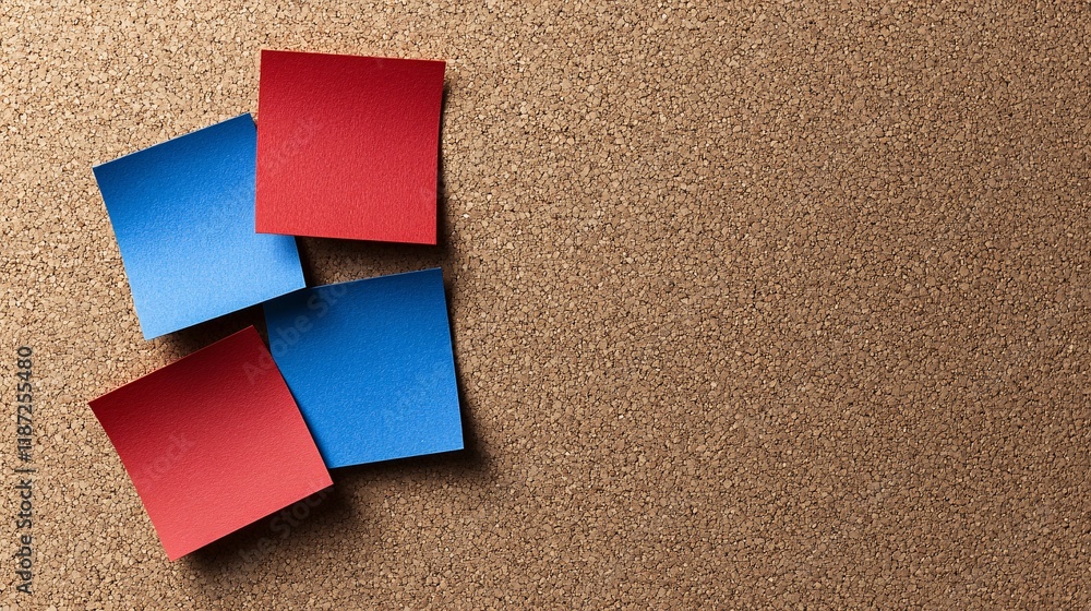 Poster colorful sticky notes on a textured cork board in a workspace setting