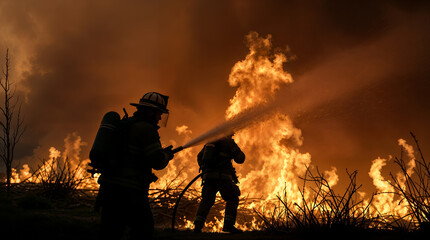 Two firefighters in silhouette spray water on a wildfire