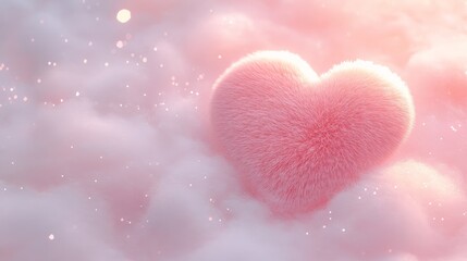 Obraz premium Pink fluffy heart nestled on soft, dreamy clouds adorned with sparkling lights, creating a romantic atmosphere ideal for valentine's day or any celebration of love