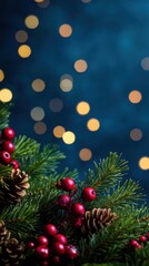 Naklejka premium Christmas garland with bokeh lights on blue background