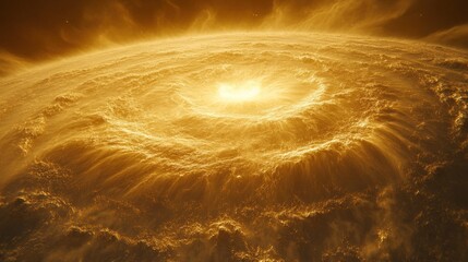 Golden swirling vortex storm erupting on planet.