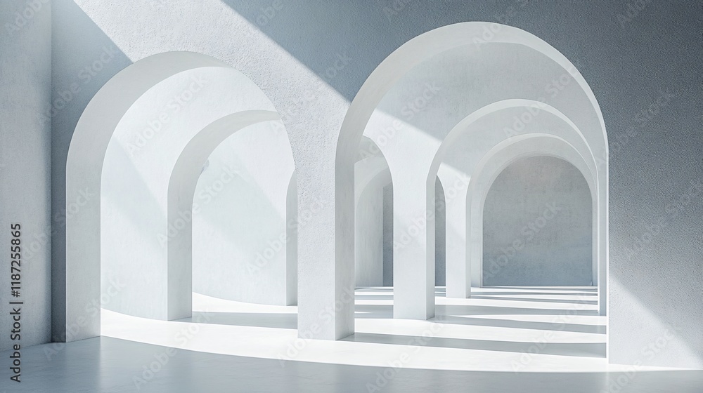 Poster interior of a minimalistic space with arches and soft light filtering through windows