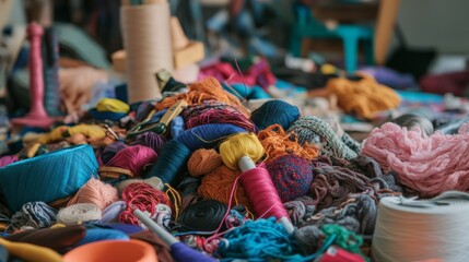 Spools of colorful threads and balls of yarn create a vibrant pile on a designer's work table, showcasing the materials used in textile creation