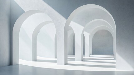 Interior of a minimalistic space with arches and soft light filtering through windows