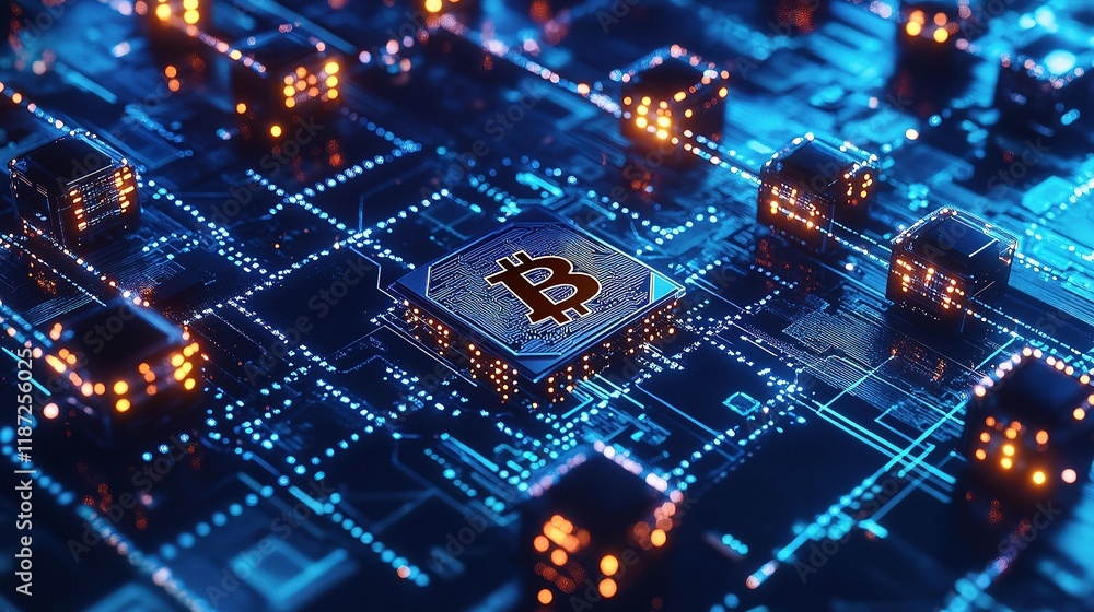 Poster futuristic circuit board with blockchain network technology design