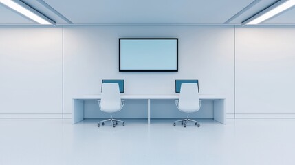 A modern, minimalist office space featuring a large screen and two ergonomic chairs at a sleek white table.