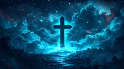 Ethereal night sky with a silhouette cross against dramatic clouds and stars