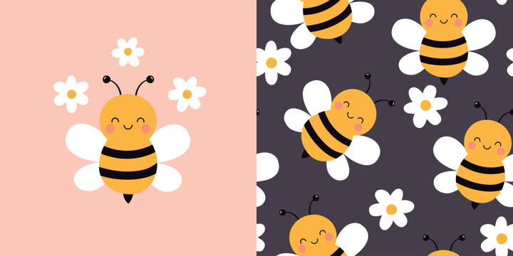 Cute bee card and seamless pattern. Background for kids with bees and daisies. Vector illustration. It can be used for wallpapers, wrapping paper, greeting cards, clothing patterns, and more.