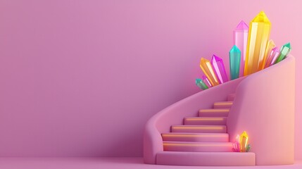 Obraz premium Stylish pink staircase adorned with colorful crystals.