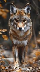 Naklejka premium Autumn forest with wild fox closeup animal portrait high resolution hd picture