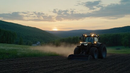 Fototapeta premium Tractor working diligently to plow the field as dust rises, under a bright blue sky adorned with fluffy clouds and lush green trees