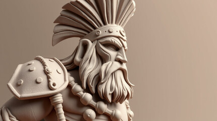 Sculptural depiction of a warrior, adorned in elaborate headdress and armor, showcasing intricate detail and a powerful presence.
