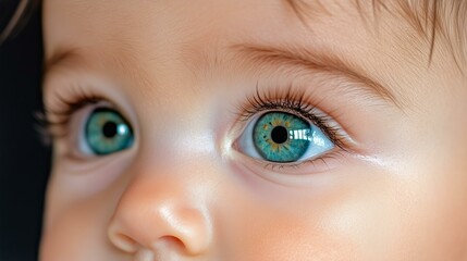 Fototapeta premium Close-up of baby's bright blue eyes with flawless skin detail