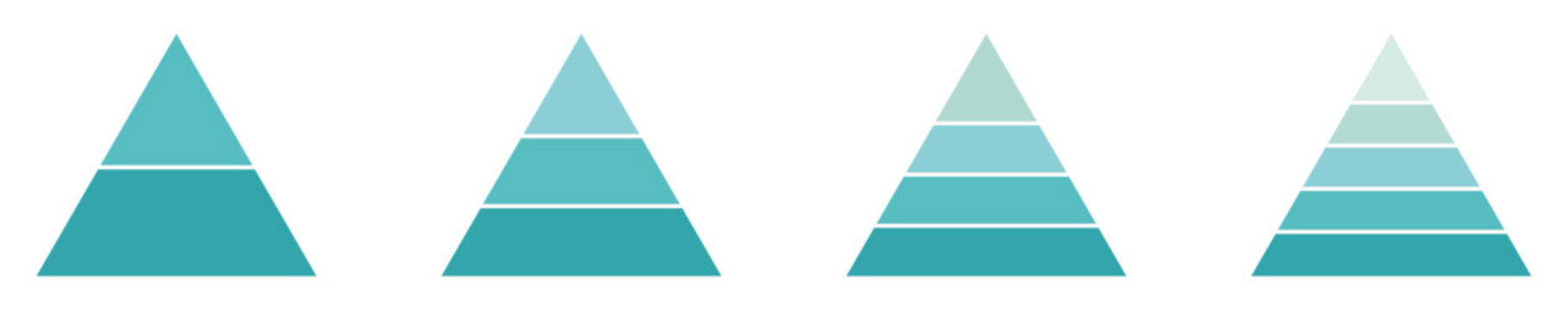 Pyramid infographic blue set. Triangle hierarchy data segments collection on white background. Pyramid for infographic of process.  pyramid chart infographic flat vector diagram presentation.