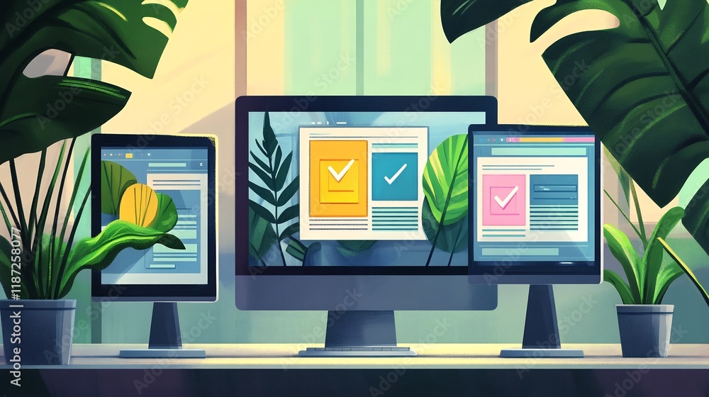 Poster Illustration of website optimization techniques focusing SEO load speed mobile responsiveness