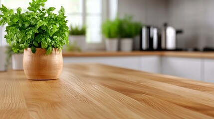 Fototapeta premium Modern kitchen with wooden countertop and fresh greenery