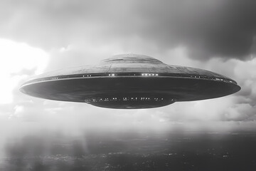 Obraz premium Black and white photograph of a UFO in a dramatic sky, evoking mystery and intrigue, perfect for sci-fi or retro-themed projects