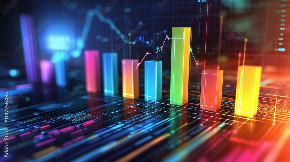 Poster colorful 3d infographic with layered data bars and dynamic lines