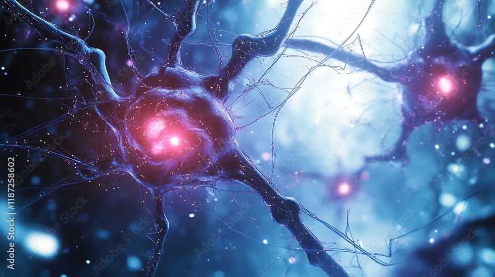 Poster microscopic view of neurons with glowing synapses.