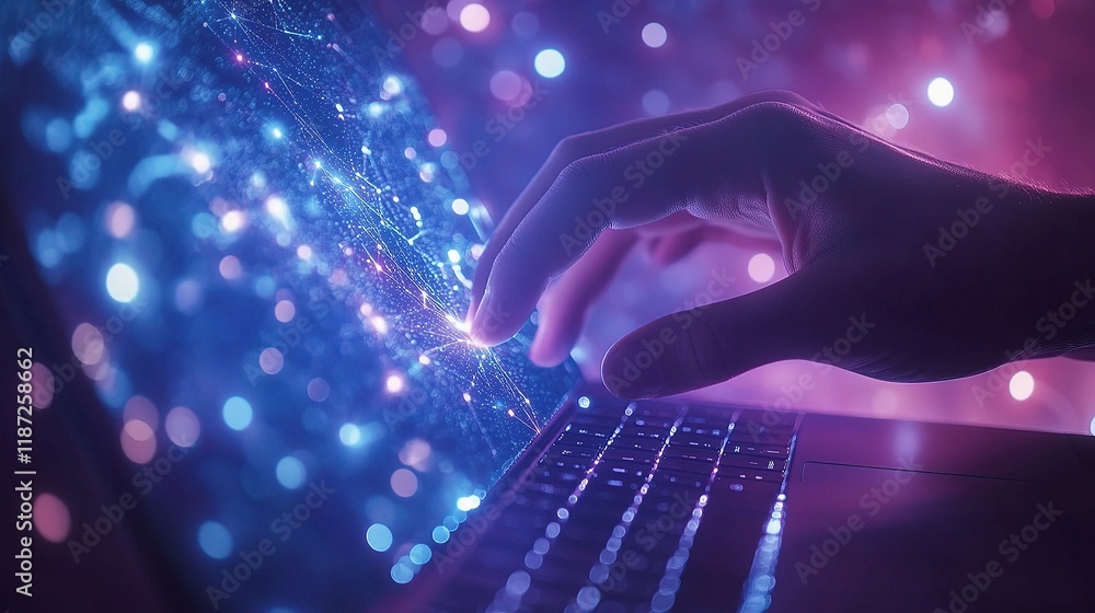 Poster hand interacting with laptop display and abstract cloud network