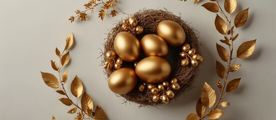 Stylish wreath with golden Easter eggs and leaves on light background