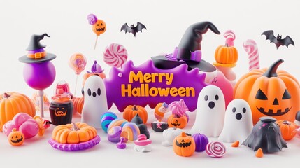 Obraz premium 3D render of Halloween sweets, ghosts, pumpkins, bats, and witches' hats with 