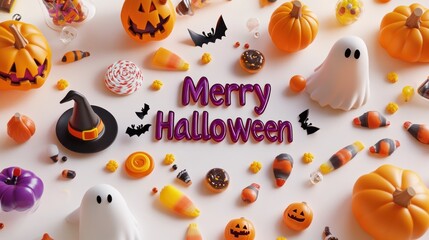 Fototapeta premium 3D render of Halloween-themed objects and sweets surrounding 