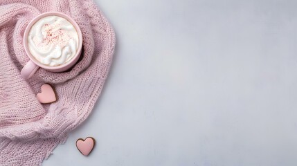 Pink latte, whipped cream, cookies, sweater, winter, grey background, cozy flatlay, Valentine's Day